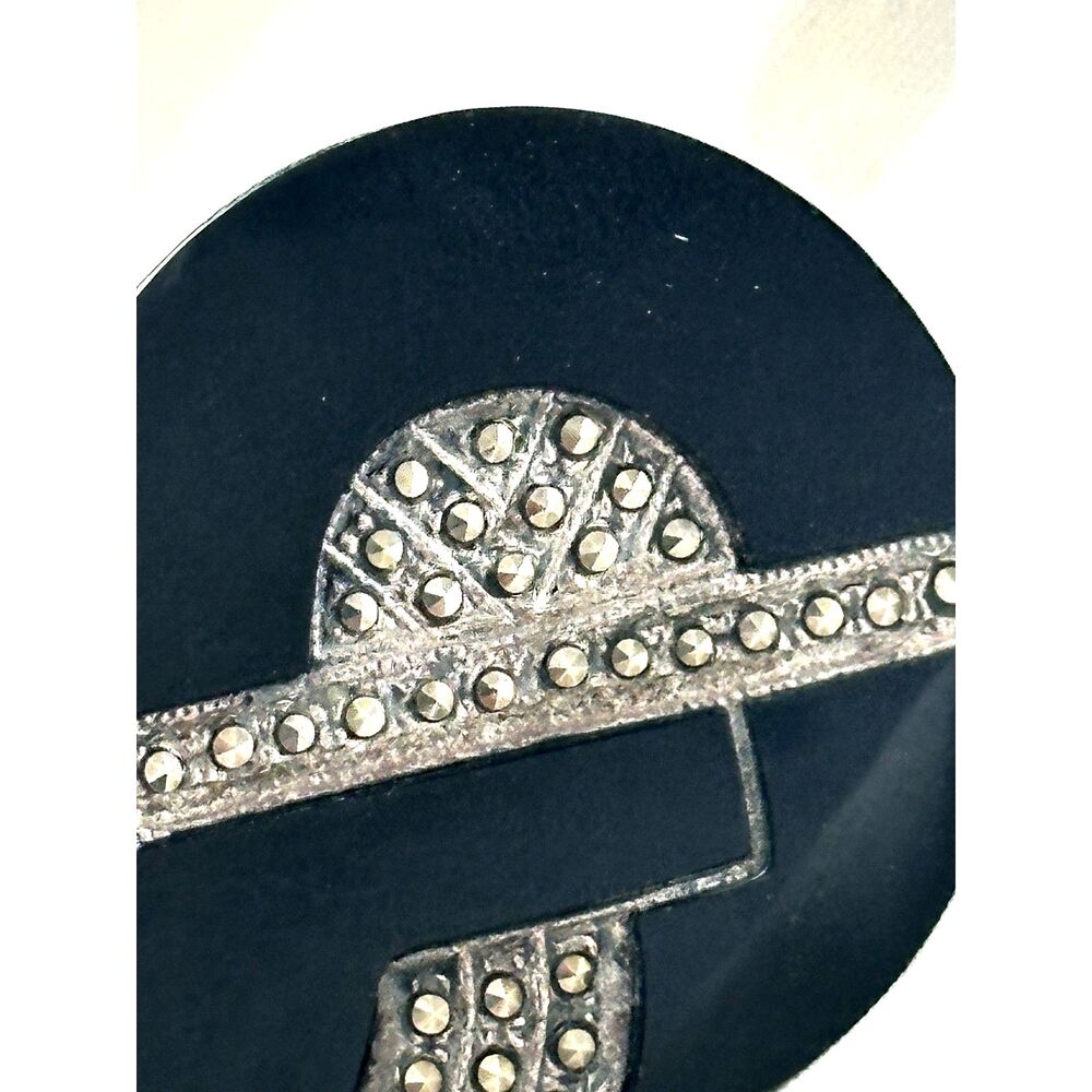 Art Deco Style Sterling Silver Marcasite & Onyx Brooch - Picture 8 of 8